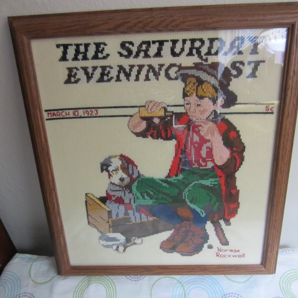 FRAMED NEEDLEPOINT WITH NORMAN ROCKWELL SIGNATURE-13 BY 14